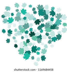 Confetti of multicolored leaves isolated on white background.Falling confetti from minimalistic maple leaves. Abstract leaf for label, card, poster, cover, leaflet, textile design.
