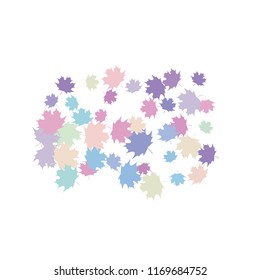 Confetti of multicolored leaves isolated on white background.Falling confetti from minimalistic maple leaves. Abstract leaf for label, card, poster, cover, leaflet, textile design.