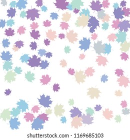 Confetti of multicolored leaves isolated on white background.Falling confetti from minimalistic maple leaves. Abstract leaf for label, card, poster, cover, leaflet, textile design.
