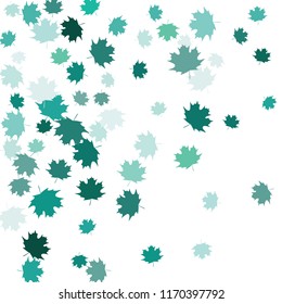 Confetti of multicolored leaves isolated on white background.Falling confetti from minimalistic maple leaves. Abstract leaf for label, card, poster, cover, leaflet, textile design.