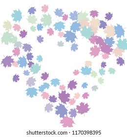 Confetti of multicolored leaves isolated on white background.Falling confetti from minimalistic maple leaves. Abstract leaf for label, card, poster, cover, leaflet, textile design.