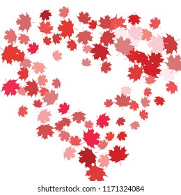 Confetti of multicolored leaves isolated on white background.Falling confetti from minimalistic maple leaves. Abstract leaf for label, card, poster, cover, leaflet, textile design.