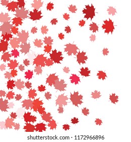 Confetti of multicolored leaves isolated on white background.Falling confetti from minimalistic maple leaves. Abstract leaf for label, card, poster, cover, leaflet, textile design.