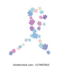Confetti of multicolored leaves isolated on white background.Falling confetti from minimalistic maple leaves. Abstract leaf for label, card, poster, cover, leaflet, textile design.