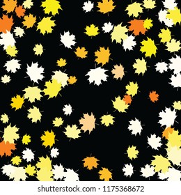 Confetti of multicolored leaves isolated on white background.Falling confetti from minimalistic maple leaves. Abstract leaf for label, card, poster, cover, leaflet, textile design.