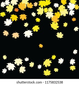 Confetti of multicolored leaves isolated on white background.Falling confetti from minimalistic maple leaves. Abstract leaf for label, card, poster, cover, leaflet, textile design.