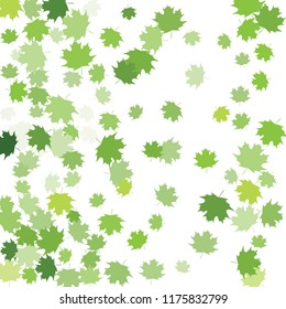 Confetti of multicolored leaves isolated on white background.Falling confetti from minimalistic maple leaves. Abstract leaf for label, card, poster, cover, leaflet, textile design.