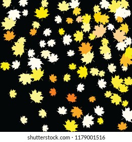 Confetti of multicolored leaves isolated on white background.Falling confetti from minimalistic maple leaves. Abstract leaf for label, card, poster, cover, leaflet, textile design.