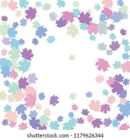 Confetti of multicolored leaves isolated on white background.Falling confetti from minimalistic maple leaves. Abstract leaf for label, card, poster, cover, leaflet, textile design.