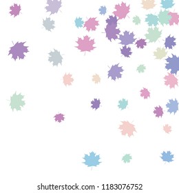 Confetti of multicolored leaves isolated on white background.Falling confetti from minimalistic maple leaves. Abstract leaf for label, card, poster, cover, leaflet, textile design.