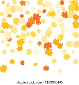 Confetti of multicolored leaves isolated on white background.Falling confetti from minimalistic maple leaves. Abstract leaf for label, card, poster, cover, leaflet, textile design.