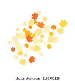 Confetti of multicolored leaves isolated on white background.Falling confetti from minimalistic maple leaves. Abstract leaf for label, card, poster, cover, leaflet, textile design.