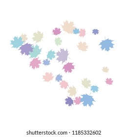 Confetti of multicolored leaves isolated on white background.Falling confetti from minimalistic maple leaves. Abstract leaf for label, card, poster, cover, leaflet, textile design.