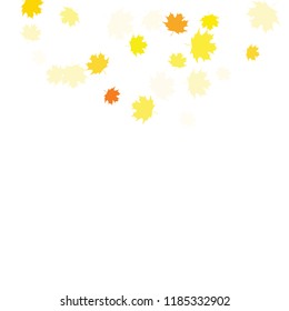 Confetti of multicolored leaves isolated on white background.Falling confetti from minimalistic maple leaves. Abstract leaf for label, card, poster, cover, leaflet, textile design.