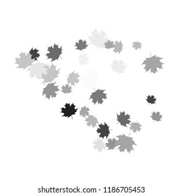 Confetti of multicolored leaves isolated on white background.Falling confetti from minimalistic maple leaves. Abstract leaf for label, card, poster, cover, leaflet, textile design.