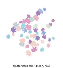 Confetti of multicolored leaves isolated on white background.Falling confetti from minimalistic maple leaves. Abstract leaf for label, card, poster, cover, leaflet, textile design.