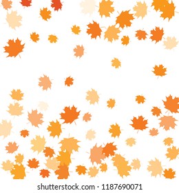 Confetti of multicolored leaves isolated on white background.Falling confetti from minimalistic maple leaves. Abstract leaf for label, card, poster, cover, leaflet, textile design.