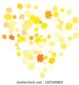 Confetti of multicolored leaves isolated on white background.Falling confetti from minimalistic maple leaves. Abstract leaf for label, card, poster, cover, leaflet, textile design.