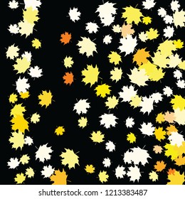 Confetti of multicolored leaves isolated on white background.Falling confetti from minimalistic maple leaves. Abstract leaf for label, card, poster, cover, leaflet, textile design.