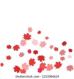 Confetti of multicolored leaves isolated on white background.Falling confetti from minimalistic maple leaves. Abstract leaf for label, card, poster, cover, leaflet, textile design.
