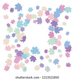 Confetti of multicolored leaves isolated on white background.Falling confetti from minimalistic maple leaves. Abstract leaf for label, card, poster, cover, leaflet, textile design.