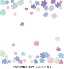 Confetti of multicolored leaves isolated on white background.Falling confetti from minimalistic maple leaves. Abstract leaf for label, card, poster, cover, leaflet, textile design.