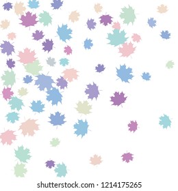 Confetti of multicolored leaves isolated on white background.Falling confetti from minimalistic maple leaves. Abstract leaf for label, card, poster, cover, leaflet, textile design.