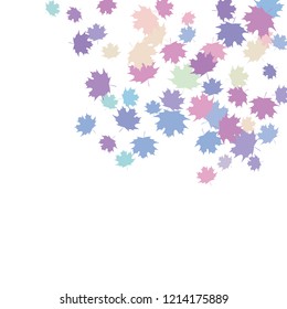 Confetti of multicolored leaves isolated on white background.Falling confetti from minimalistic maple leaves. Abstract leaf for label, card, poster, cover, leaflet, textile design.