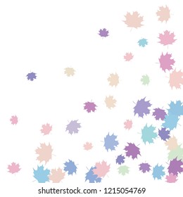 Confetti of multicolored leaves isolated on white background.Falling confetti from minimalistic maple leaves. Abstract leaf for label, card, poster, cover, leaflet, textile design.