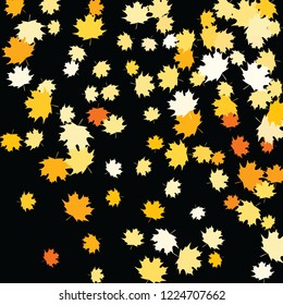 Confetti of multicolored leaves isolated on white background.Falling confetti from minimalistic maple leaves. Abstract leaf for label, card, poster, cover, leaflet, textile design.