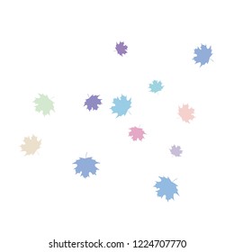 Confetti of multicolored leaves isolated on white background.Falling confetti from minimalistic maple leaves. Abstract leaf for label, card, poster, cover, leaflet, textile design.