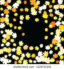 Confetti of multicolored leaves isolated on white background.Falling confetti from minimalistic maple leaves. Abstract leaf for label, card, poster, cover, leaflet, textile design.