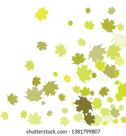 Confetti of multicolored leaves isolated on white background.Falling confetti from minimalistic maple leaves. Abstract leaf for label, card, poster, cover, leaflet, textile design.