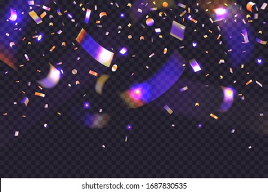 Confetti neon background overlay. 3d Falling glitter and golden tinsel on banner template for holiday, birthday, Merry Christmas card or mockup for social media. Rainbow iridescent particles.