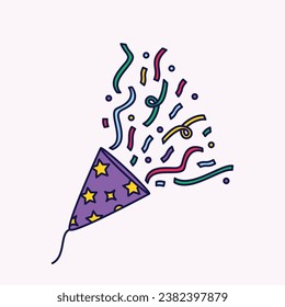 Confetti new year Horn, Confetti Popper Flat illustration, confetti explosion from birthday cap