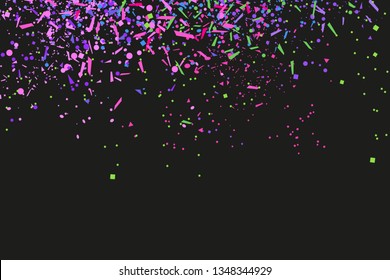 Confetti on black background. Bright explosion. Texture with colorful glitters. Pattern for work. Print for banners, posters and flyers. Doodle for design and business