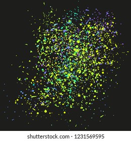Confetti on isolated background. Bright texture with many glitters. Holiday elements on black. Pattern for flyers, banners and textiles. Greeting cards
