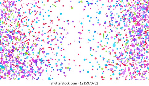 Confetti on isolated background. Texture with many glitters. Holiday elements on white. Pattern for flyers, banners and textiles. Greeting cards