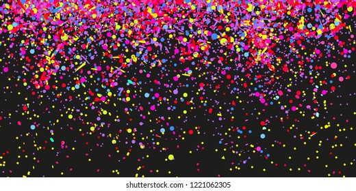 Confetti on isolated background. Texture with many glitters. Holiday elements on black. Pattern for flyers, banners and textiles. Greeting cards