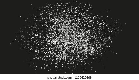 Confetti on isolated background. Texture with many glitters. Holiday elements on black. Pattern for flyers, banners and textiles. Greeting cards. Black and white illustration