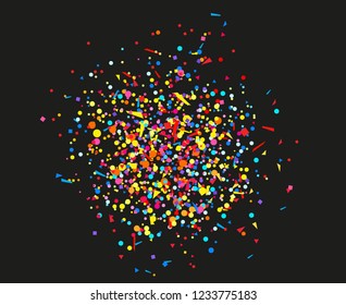 Confetti on isolated background. Texture with many glitters. Holiday elements on black. Pattern for flyers, banners and textiles. Greeting cards
