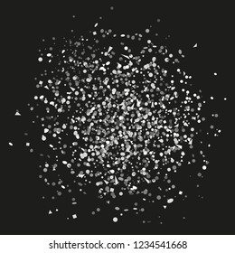 Confetti on isolated background. Texture with many glitters. Holiday elements on black. Pattern for flyers, banners and textiles. Greeting cards. Black and white illustration