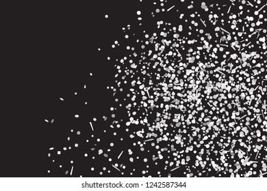 Confetti on isolated background. Texture with many glitters. Holiday elements on black. Pattern for flyers, banners and textiles. Greeting cards. Black and white illustration