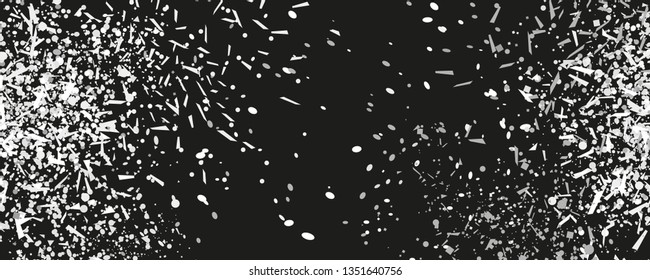 Confetti on isolated background. Texture with many glitters. Holiday elements on black. Pattern for flyers, banners and textiles. Black and white illustration