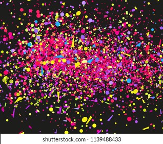 Confetti on isolated black background. Geometric pattern with shine glitters. Texture for design. Print for banners, posters, flyers and textiles. Greeting cards