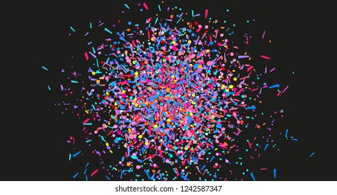 Confetti on isolated black background. Texture with many colorful glitters. Holiday bright elements. Pattern for flyers, banners and textiles. Greeting cards