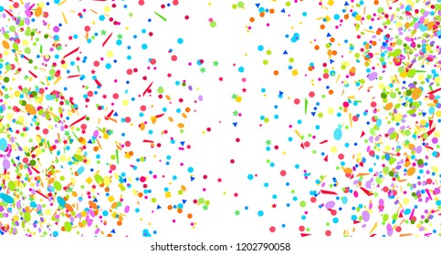 Confetti on isolated white. Bright explosion. Texture with falling geometric elements. Abstract background. Pattern for design. Print for polygraphy, banners, t-shirts and textiles. Greeting cards