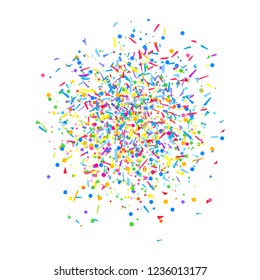 Confetti on isolated white. Texture with falling geometric elements. Colorful abstract background. Pattern for design. Print for polygraphy, banners, flyers and textiles