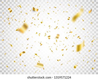 Confetti on transparent background. Falling shiny gold confetti. Bright golden festive tinsel. Party backdrop. Holiday design elements for web banner, poster, flyer, invitation. Vector illustration.