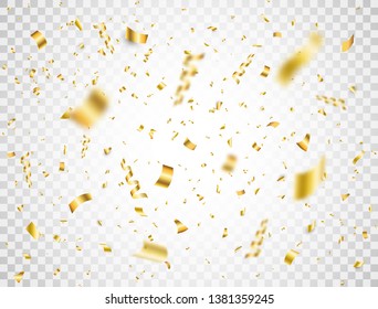 Confetti on transparent background. Falling shiny gold confetti. Bright golden festive tinsel. Party backdrop. Holiday design elements for web banner, poster, flyer, invitation. Vector illustration.